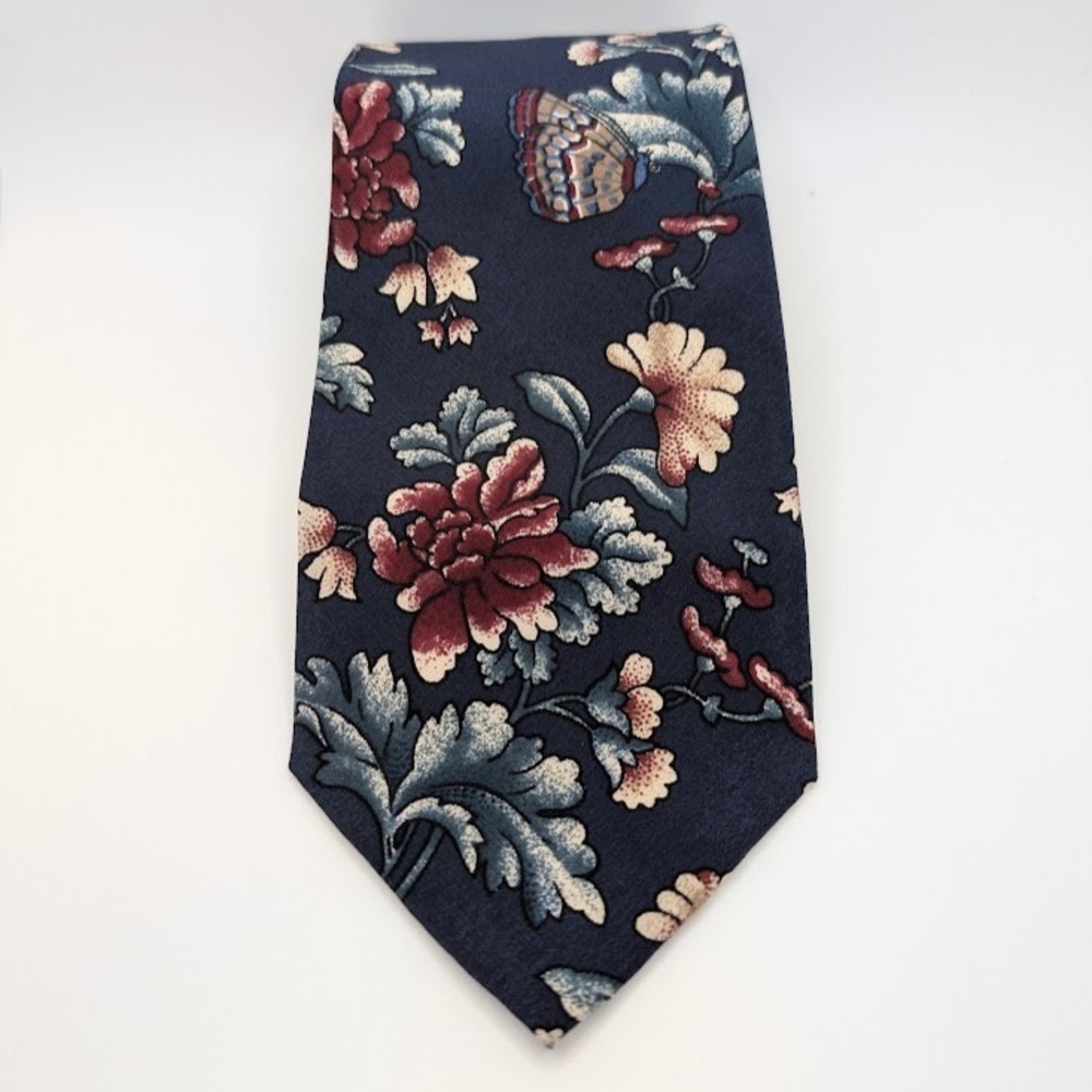 Allen Solly Mens Silk Tie Navy Blue & Burgundy Botanical Butterfly Floral Italy